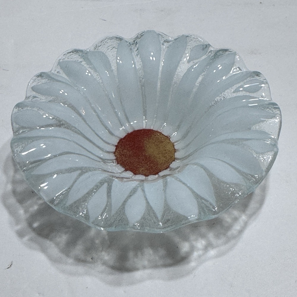 Fused glass plate signed Sydenstricker White Red Flower Fluted Sunflower Bowl
